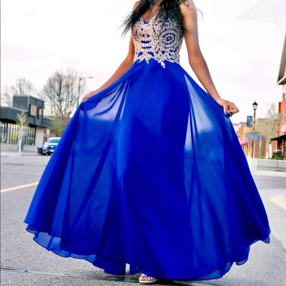 Blue chiffon embroidered special occasion gown